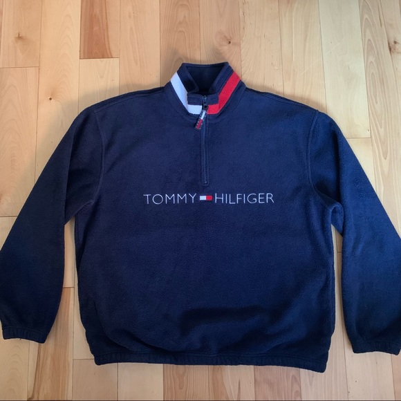 Y2K TOMMY HILFIGER BLUE FLEECE PULLOVER ZIP SWEATER UNISEX M-L - Picture 3 of 10